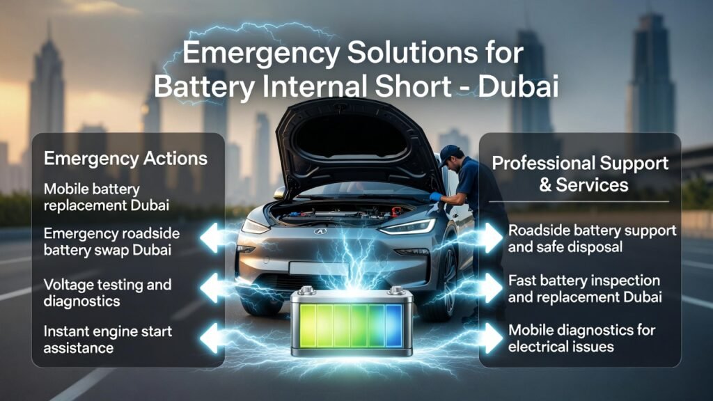 Emergency Solutions for Battery Internal Short Dubai Infographic showing a luxury vehicle in Dubai with a technician performing emergency battery replacement and roadside service, highlighting solutions for battery internal short issues.