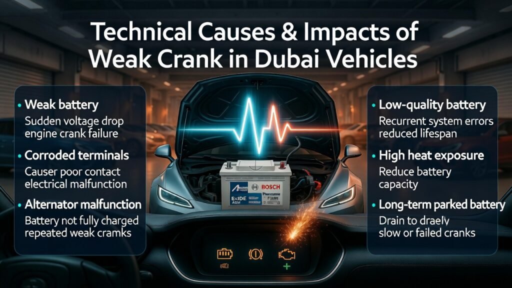 Infographic showing technical causes and impacts of weak crank in Dubai vehicles, including weak battery, corroded terminals, alternator malfunction, low-quality battery, high heat exposure, and long-term parked battery, highlighting voltage drops, engine crank failure, sparks, electrical malfunctions, and battery drain.