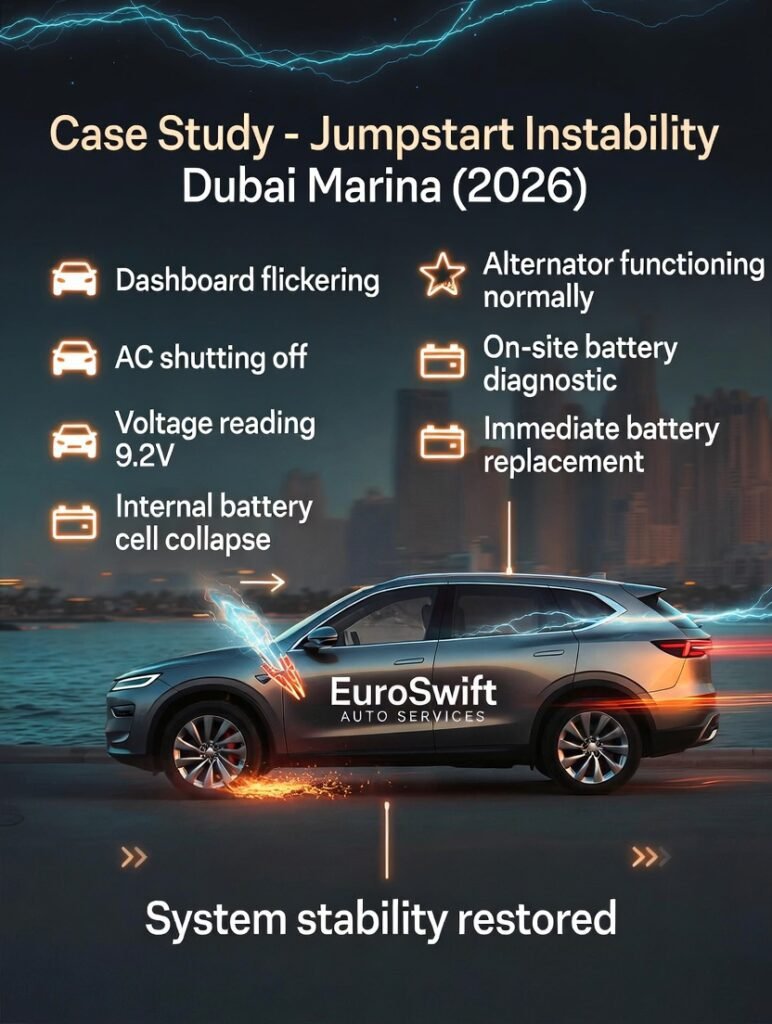 Infographic showing a 2023 SUV in Dubai Marina with jumpstart instability, side bullet points listing symptoms, diagnosis, and solution.