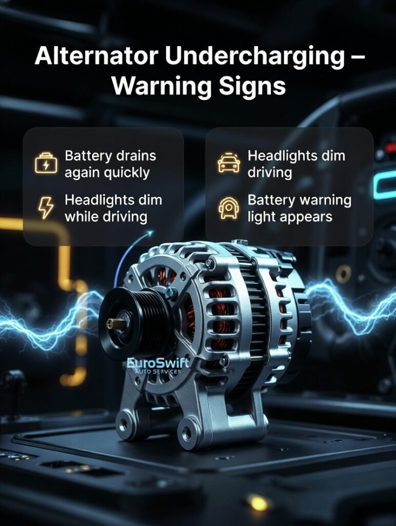Create a full high-standard automotive user guide infographic image in vertical 4:5 ratio. At the very top center, display the bold title text: “Alternator Undercharging – Warning Signs”.

In the center of the image, place a high-quality realistic car alternator image branded as “EuroSwift Auto Services” with a premium metallic finish. Around the alternator, add subtle animated electric glow effects and soft energy wave lines to show unstable charging.

On the left and right sides (balanced layout with clean empty spacing), extract and display the key points in modern bullet style with glowing icons:

• Battery drains again quickly
• Headlights dim while driving
• Battery warning light appears

Use a dark automotive background (black + deep blue gradient), neon electric accents (yellow/blue glow), soft shadow depth, professional typography, minimal clutter, luxury automotive magazine style, high contrast, ultra-sharp 4K resolution, clean infographic layout, cinematic lighting, symmetrical composition, animated text styling effect, premium service branding feel.
