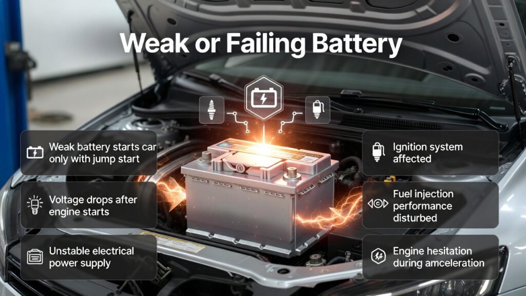Weak or failing car battery causing voltage drop and engine hesitation illustrated in automotive diagnostic user guide infographic