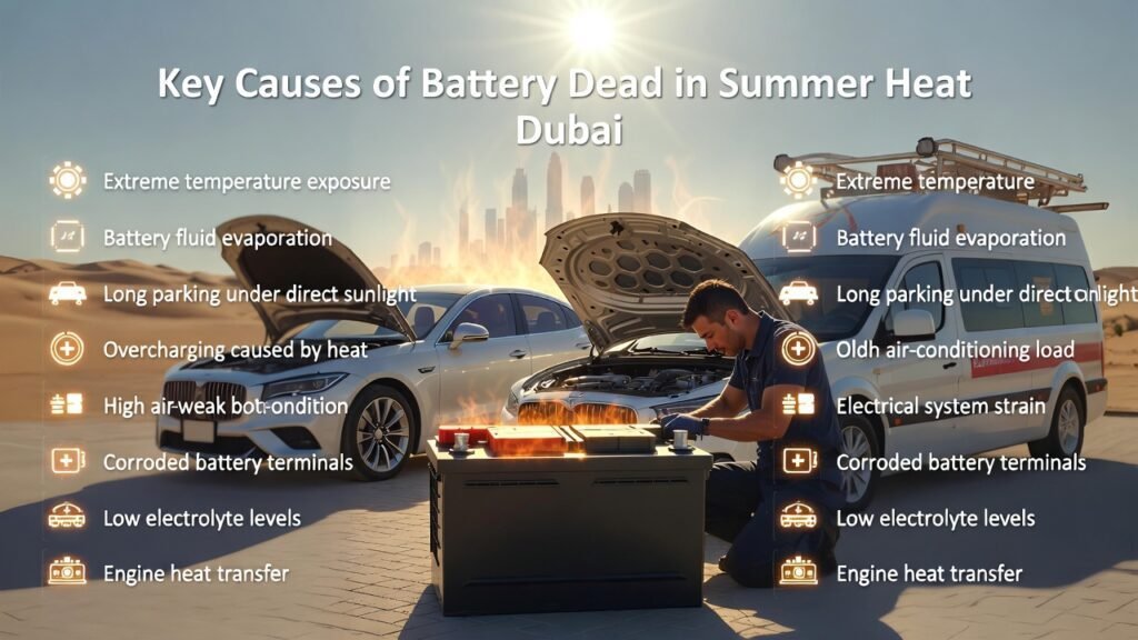 Key causes of car battery dead in summer heat Dubai showing overheated battery with technician inspection and infographic points.