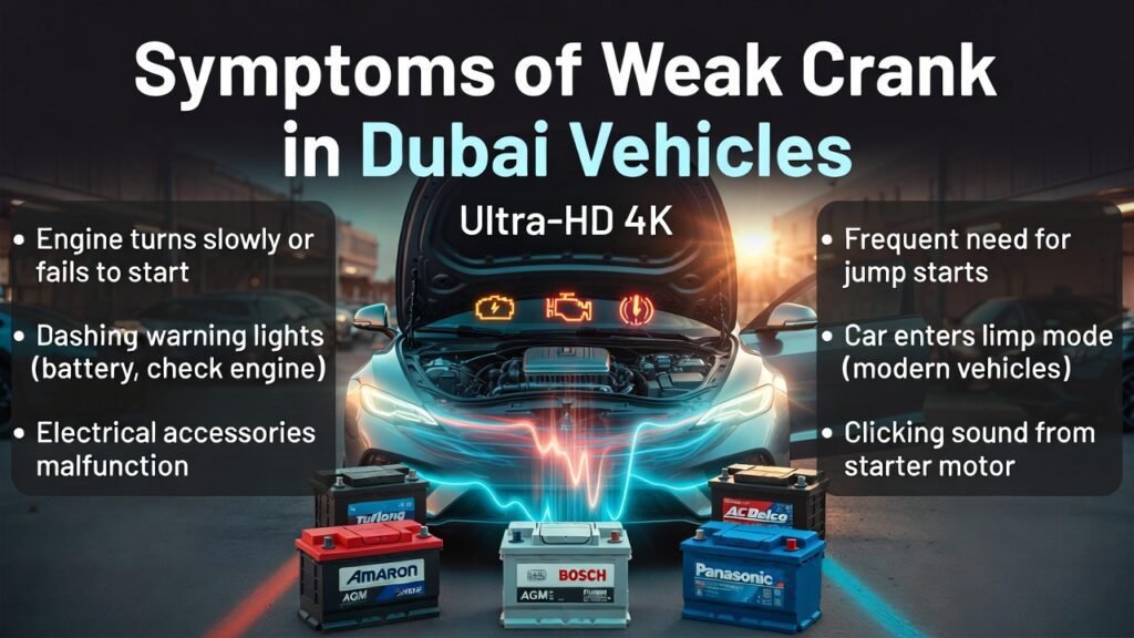 Infographic showing symptoms of weak crank in Dubai vehicles, including slow engine start, dashboard warning lights (battery, check engine), malfunctioning electrical accessories, frequent jump starts, and limp mode activation in modern vehicles.