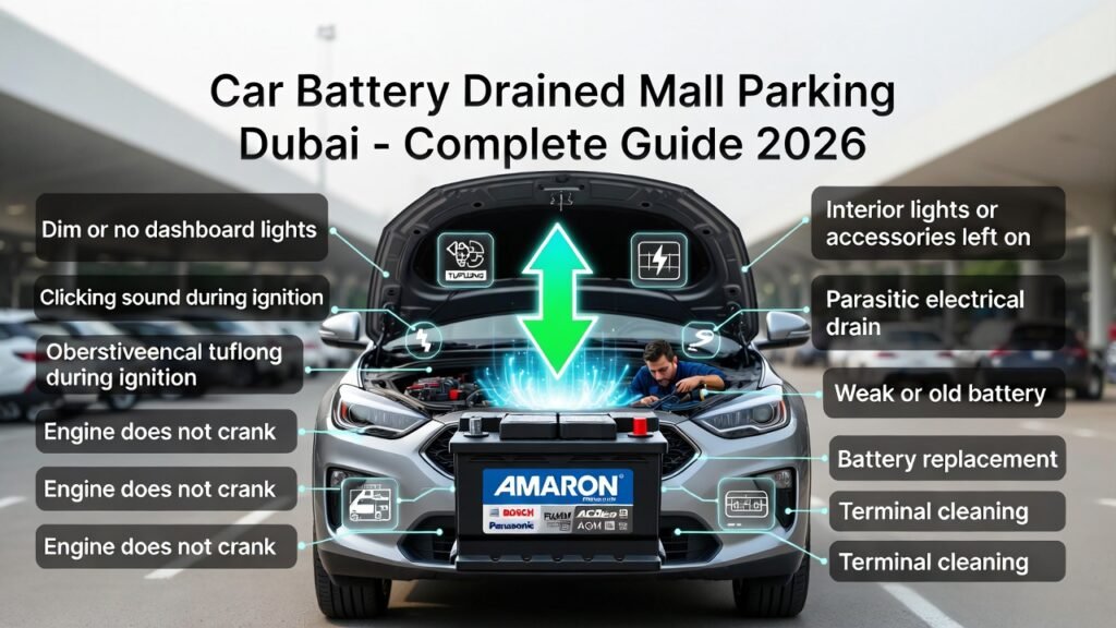Car battery drained in mall parking Dubai showing a parked SUV with hood open, a technician inspecting the battery, and infographic points highlighting symptoms and solutions.