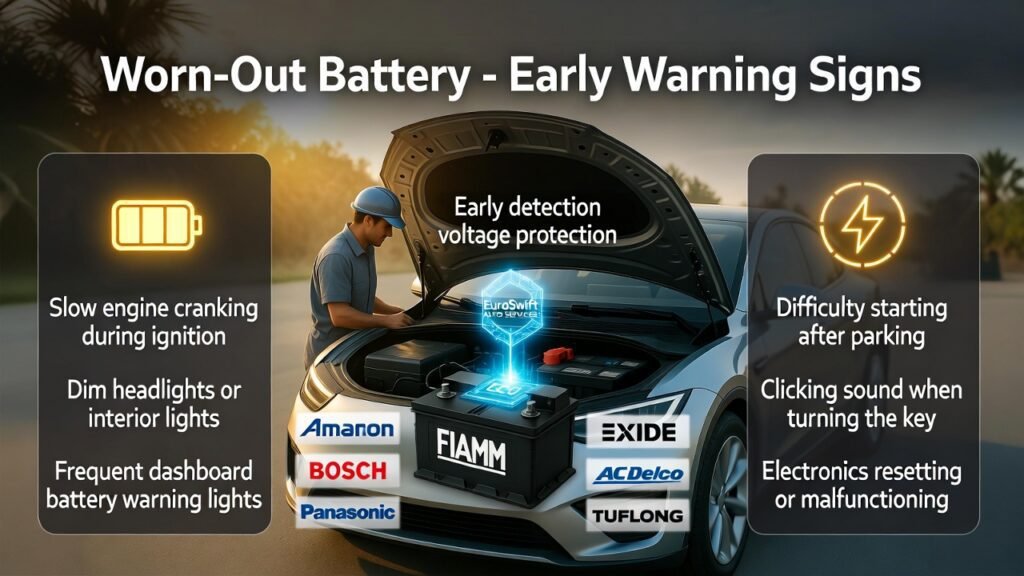 Early warning signs of a worn-out car battery in Dubai, showing EuroSwift Auto Services technician inspecting battery and ECU, with highlighted premium batteries.