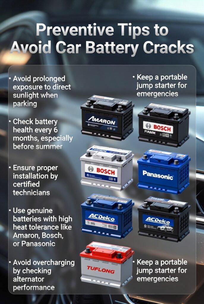 Preventive Tips to Avoid Car Battery Cracks – User Guide “User guide infographic showing preventive tips to avoid car battery cracks, with side panels for tips and central battery brand visuals in animated, professional style.”