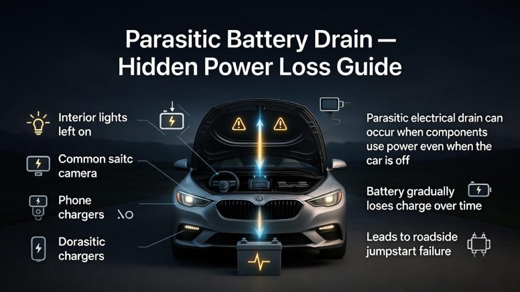 Parasitic battery drain in a car showing electrical components like interior lights and dash camera drawing power from the battery while the vehicle is off.