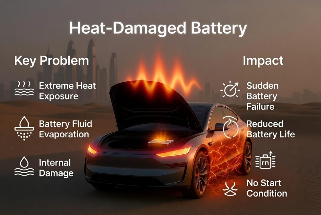 Heat damaged car battery in Dubai showing extreme temperature impact and sudden battery failure problem