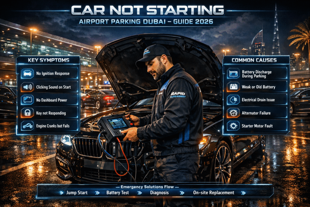 Luxury car breakdown at Dubai airport parking with mobile mechanic performing battery diagnostic and infographic panels showing causes, symptoms, and emergency solutions.