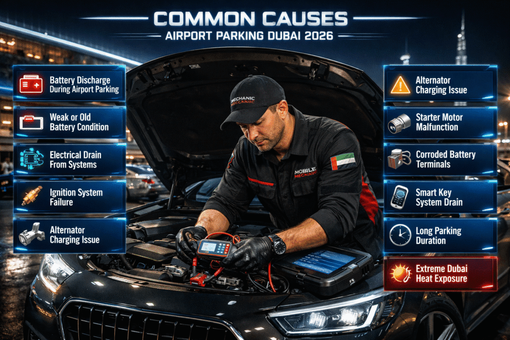 Luxury car at Dubai airport parking with mobile mechanic diagnosing battery issue and infographic panels showing common causes of car not starting.