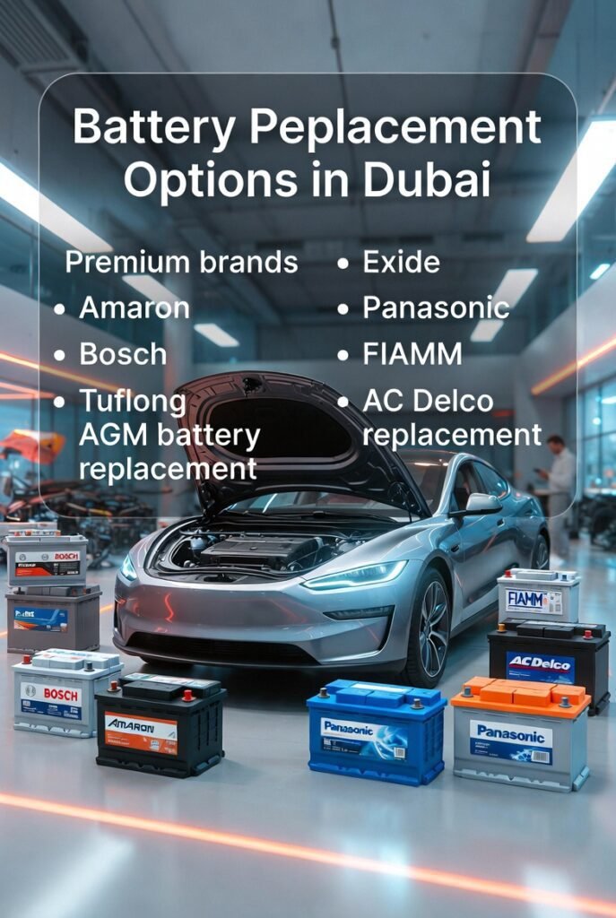 Car battery replacement options in Dubai including Amaron, Bosch, AGM, and Exide