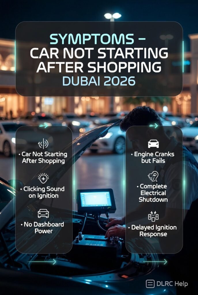 Luxury car in Dubai mall parking showing mobile mechanic diagnosing battery failure symptoms with infographic UI list of ignition and electrical issues.