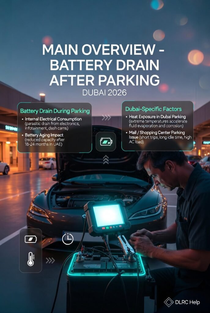 Luxury car parked in Dubai mall area showing mobile mechanic diagnosing battery drain issue with infographic overview points on parking-related battery failure.