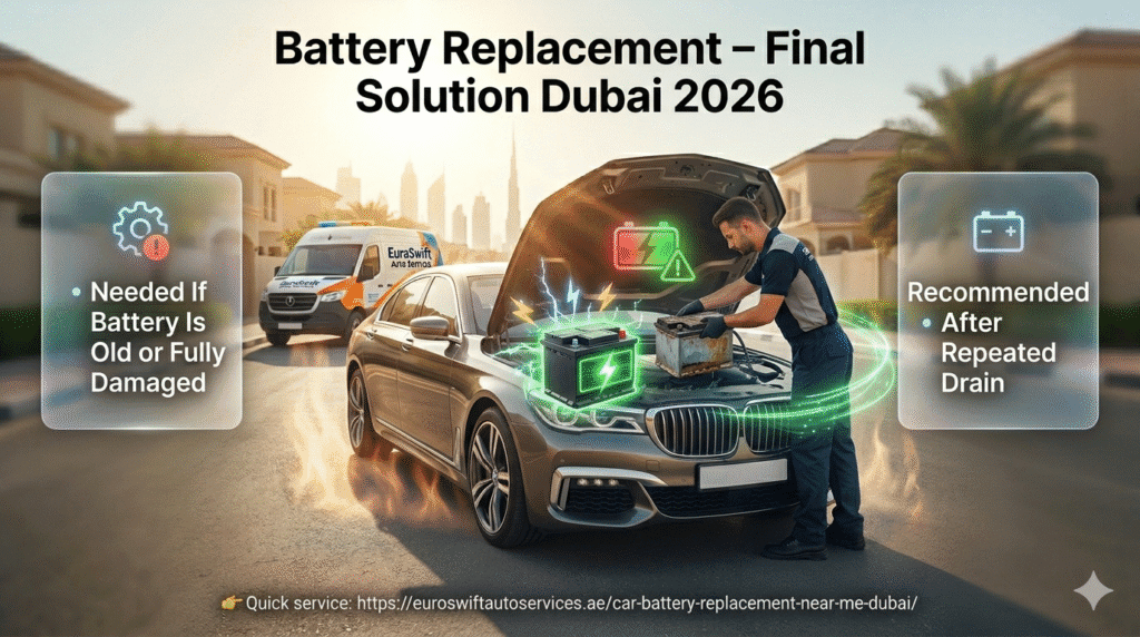 car battery replacement Dubai showing technician installing new battery as final solution