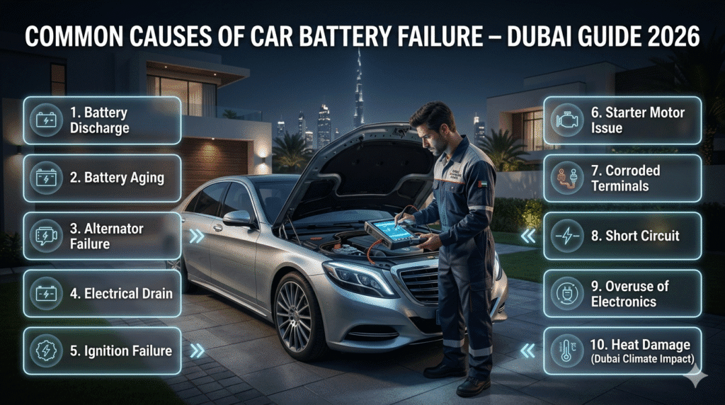 Common Causes of Car Battery Failure in Dubai – Complete User Guide 2026 Luxury car battery inspection scene in Dubai showing mobile mechanic diagnosing battery failure causes with infographic list of common electrical and mechanical issues.