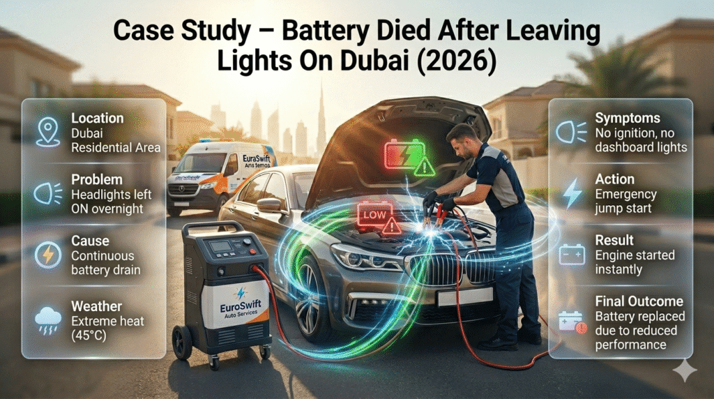 case study battery died after leaving lights on Dubai showing jump start emergency service and outcome