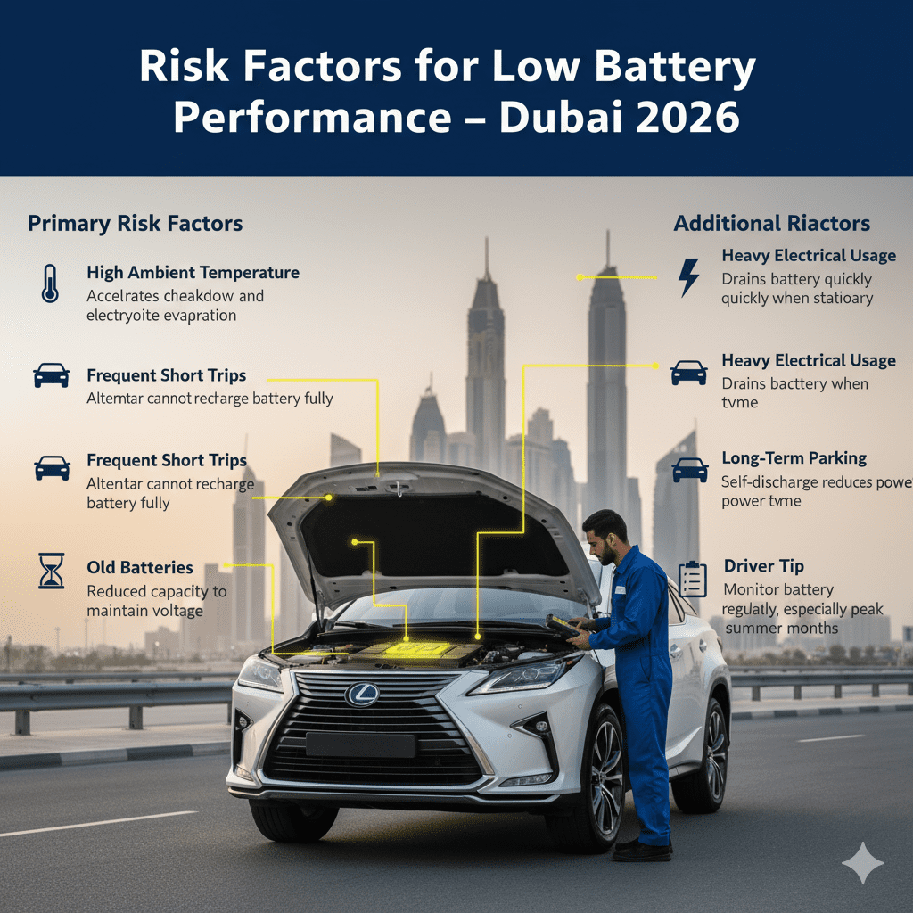 Infographic showing risk factors for low battery performance in Dubai, with a technician inspecting a car battery and key risks displayed on left and right sides.