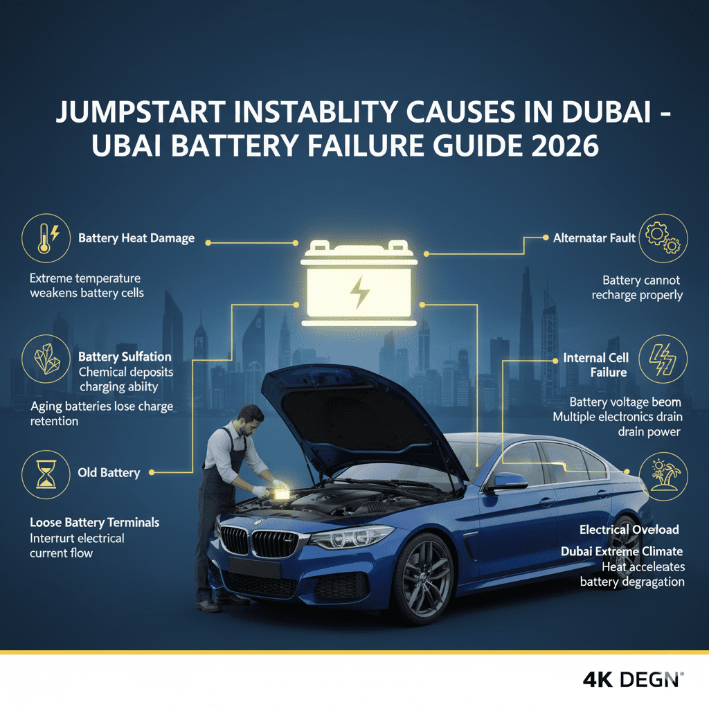 Jumpstart instability causes in Dubai showing a technician inspecting a car battery with key battery failure reasons displayed around the vehicle.