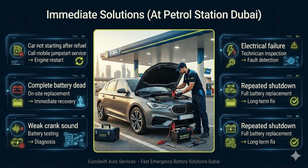 Infographic showing immediate solutions for car battery failure at petrol station in Dubai including jumpstart and battery replacement services.