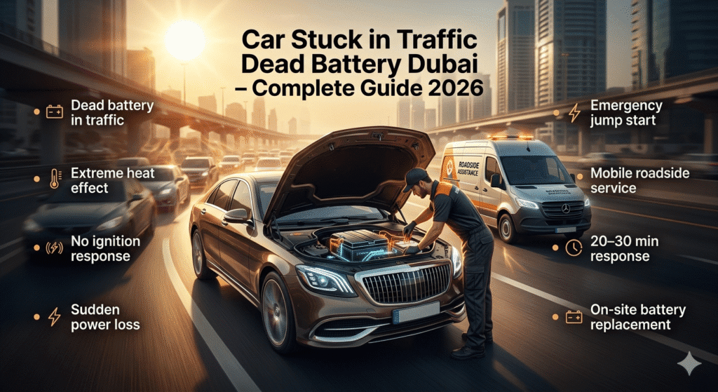 Luxury car stuck in Dubai traffic under extreme heat with technician performing jump start and key guide points displayed in modern infographic style.
