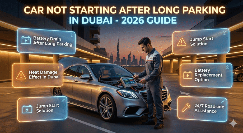 Luxury car battery diagnostic scene in Dubai with a mobile mechanic checking a dead battery after long parking, infographic-style guide elements showing causes and solutions.