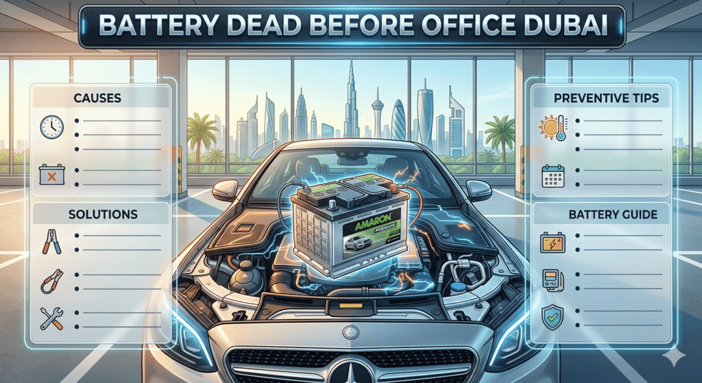 “Battery Dead Before Office Dubai – Illustrated guide showing a premium car battery, key preventive tips on sides, with Dubai cityscape in background.”