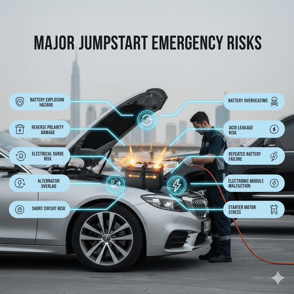 Infographic showing a technician jumpstarting a car battery with highlighted safety risks such as electrical surge, reverse polarity, and battery overheating.