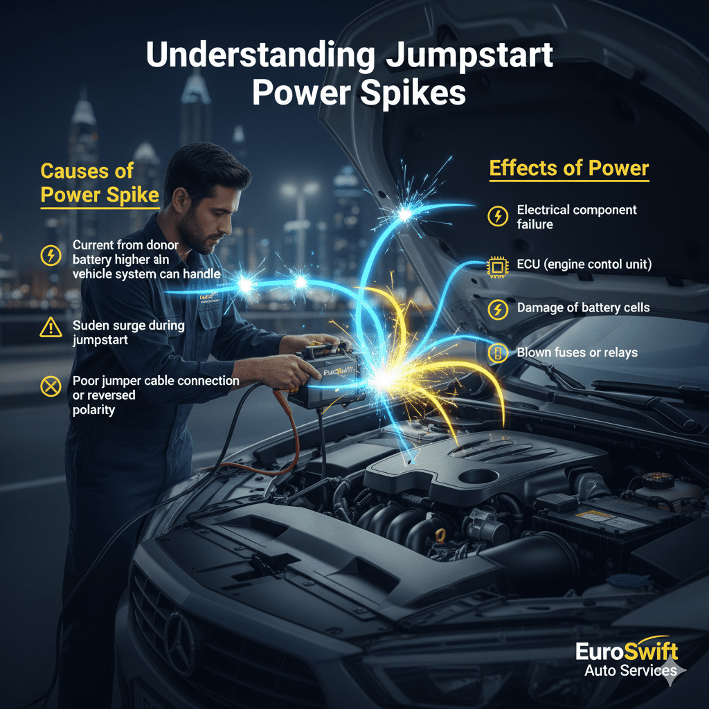 Infographic showing jumpstart power spikes in vehicles, including causes, effects, and potential damage to battery, ECU, and electrical components.