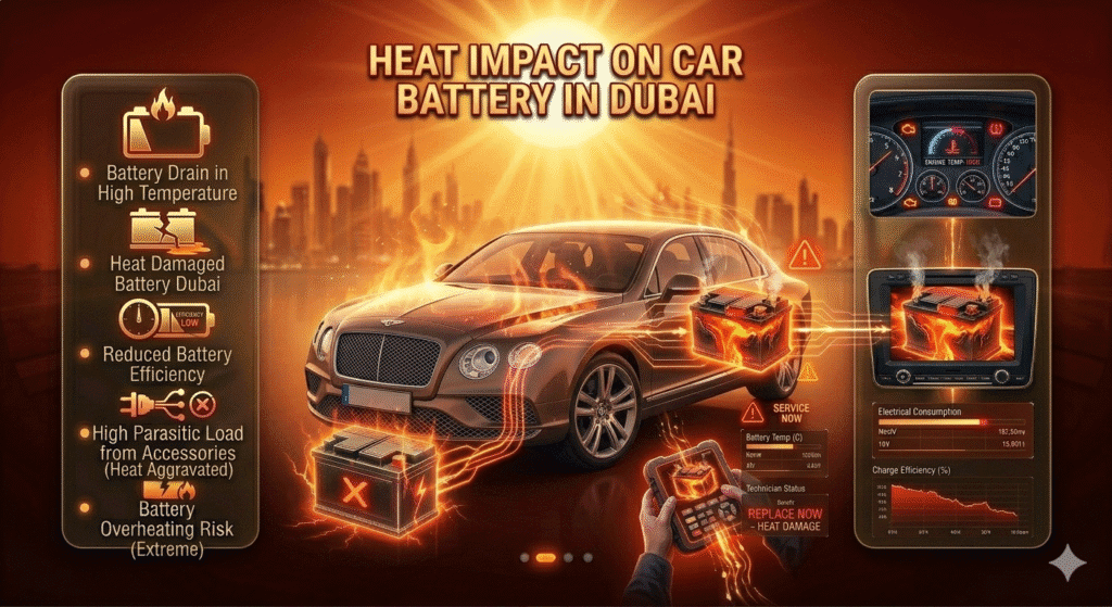 Car battery heat damage Dubai infographic showing high temperature, reduced efficiency, and battery drain