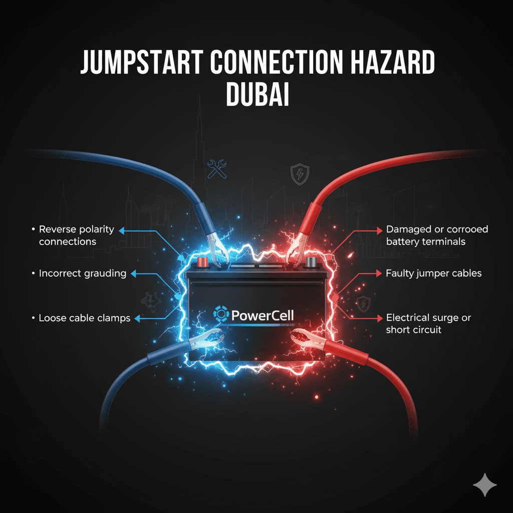 Jumpstart connection hazard Dubai infographic showing car battery jumper cable risks and common battery jumpstart hazards.