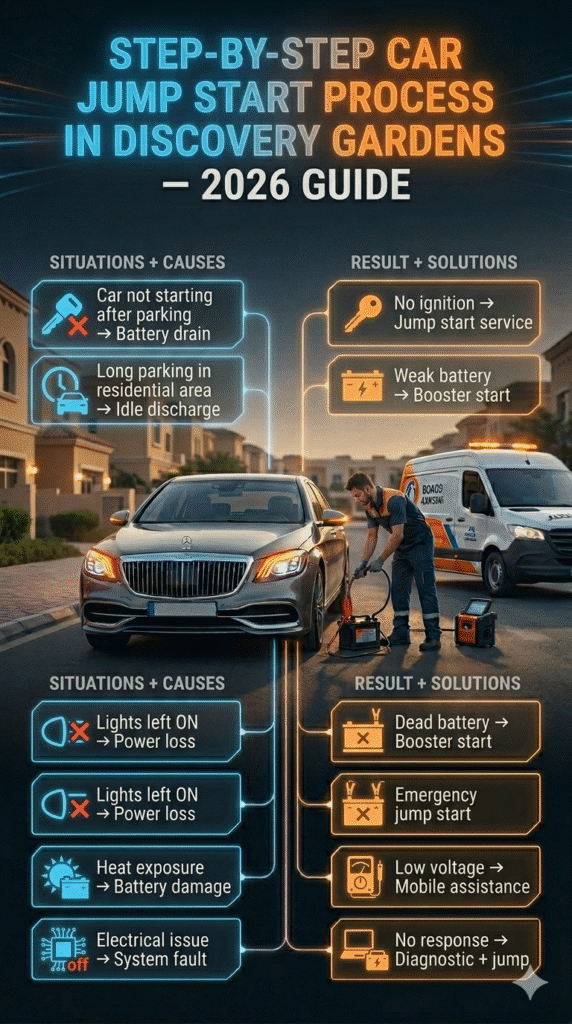 Step-by-Step Car Jump Start Process in Discovery Gardens โ 2026 Emergency Guide Cinematic infographic showing step-by-step car jump start process in Discovery Gardens including technician arrival, battery testing, booster connection, and engine restart.