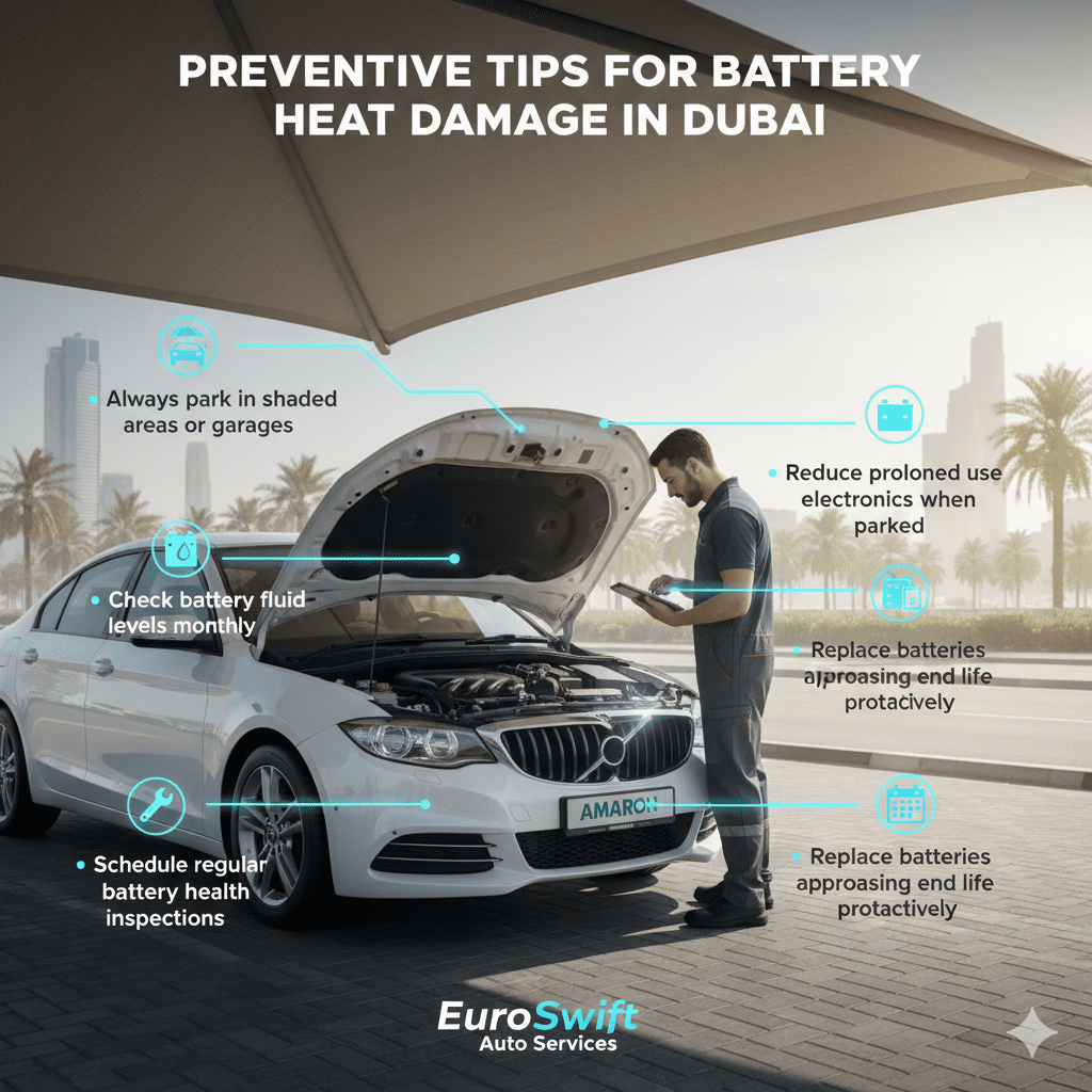 Preventive tips for battery heat damage in Dubai showing a car parked in shade, battery inspection by a technician, and key prevention points highlighted around the image.