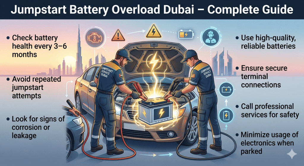 "User guide illustration showing professional jumpstart of a car battery in Dubai with tips and precautions displayed around the battery, highlighting battery overload prevention."