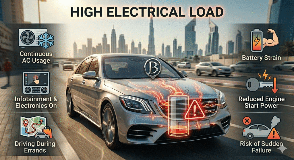 Luxury car in Dubai showing high electrical load from AC, infotainment, and electronics straining the battery
