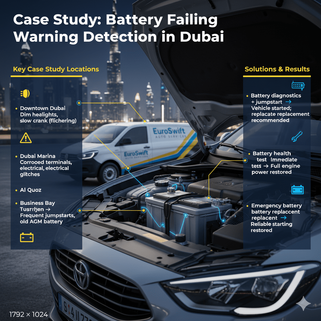 Infographic case study showing battery failing warning detection in Dubai with locations, vehicle conditions, warning signs, solutions, and results.
