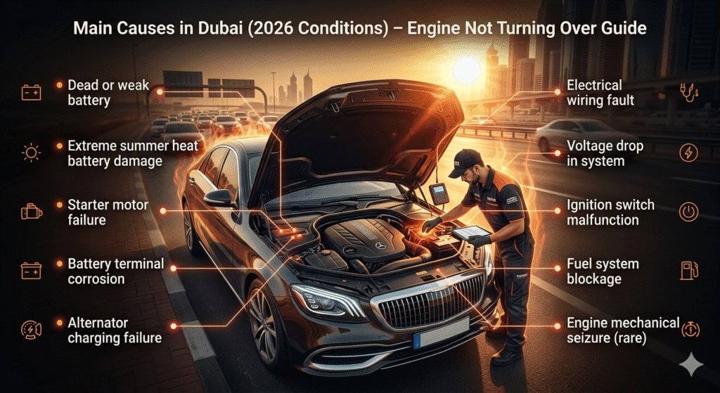 Infographic showing luxury car engine inspection in Dubai heat with technician diagnosing main causes of engine not turning over issue.