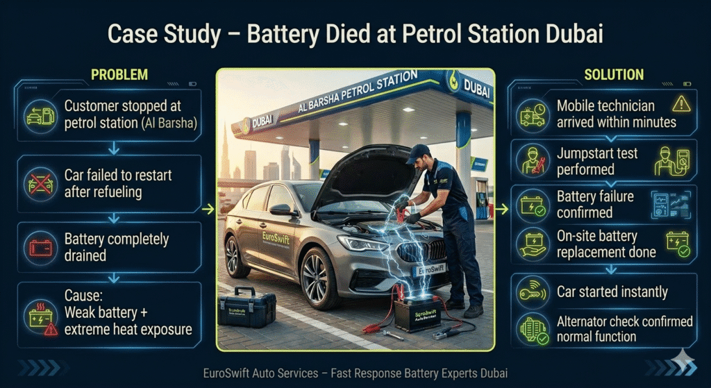 Case study infographic showing a car battery failure at petrol station in Al Barsha Dubai and mobile technician providing jumpstart and replacement service.
