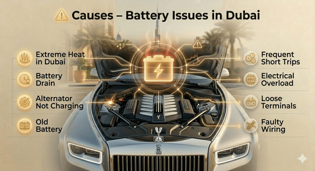โ ๏ธ Causes โ Battery Issues in Dubai Infographic showing causes of battery issues in Dubai including heat, drain, alternator, and wiring problems