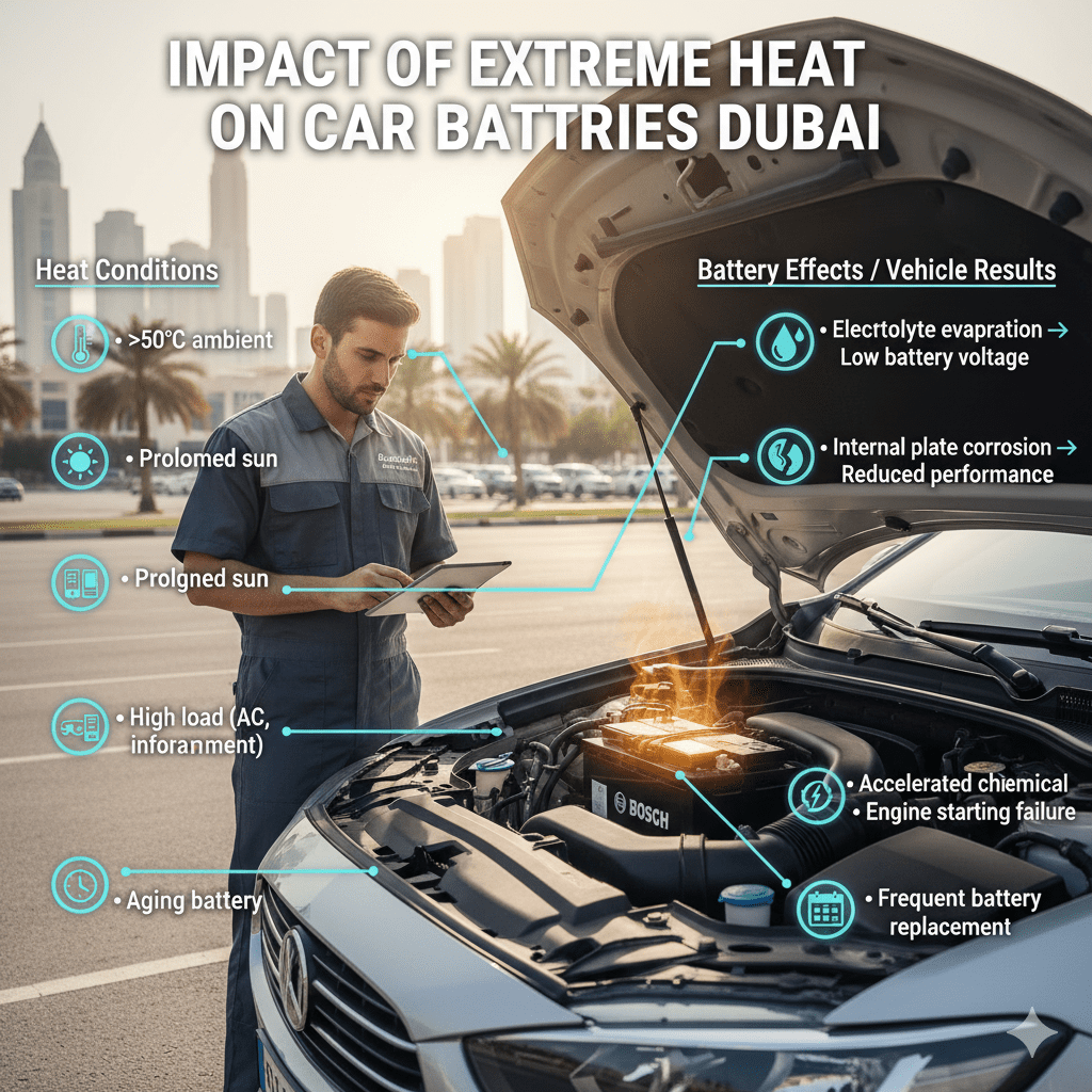 Impact of extreme heat on car batteries in Dubai showing effects of high temperature, prolonged sun, AC load, and aging on battery performance with callouts.