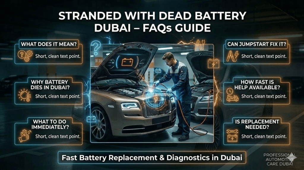 FAQs about stranded with dead battery Dubai showing causes, solutions, and emergency help guide