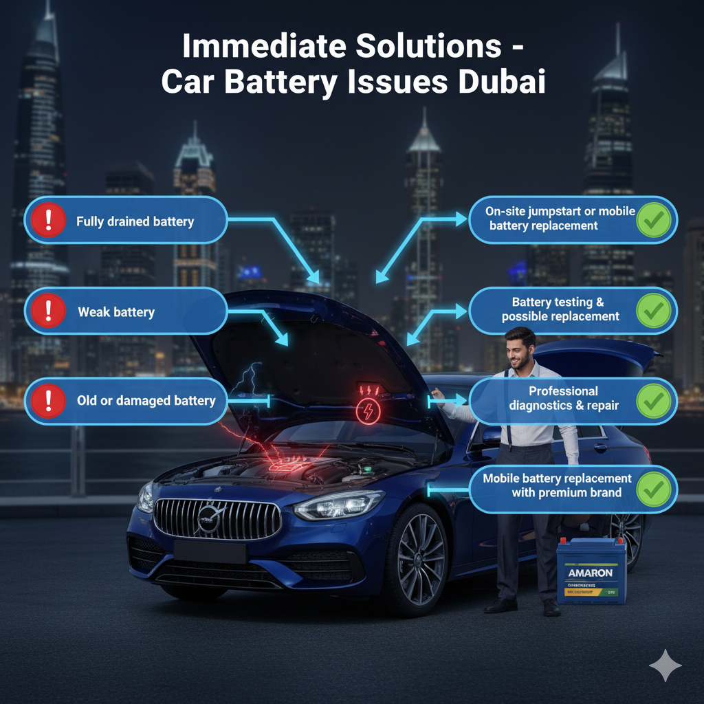 Immediate Solutions – Car Battery Issues Dubai Infographic showing immediate solutions for common car battery issues in Dubai, including fully drained, weak, old, or faulty batteries, with on-site jumpstart, professional diagnostics, and premium battery replacement options.