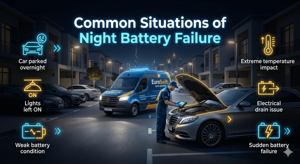 Common situations of night car battery failure in Dubai showing parked vehicle with dead battery and technician inspection