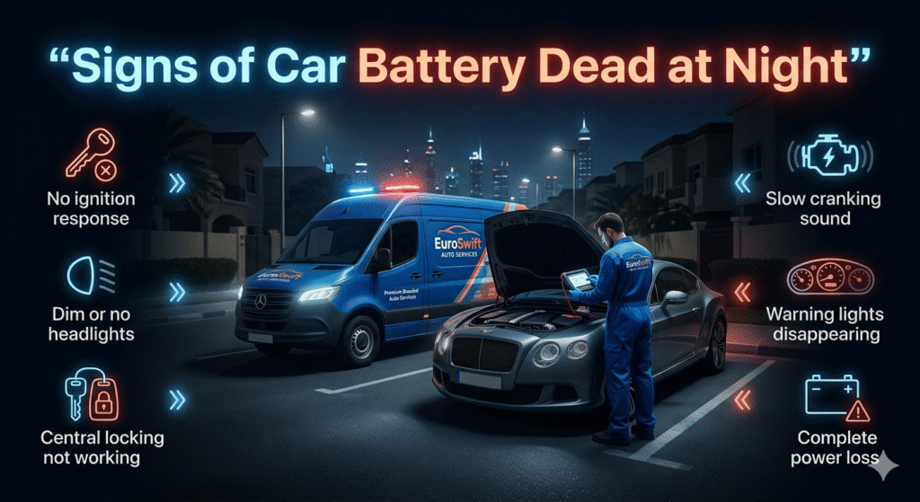Signs of car battery dead at night Dubai showing dim headlights no ignition and technician checking battery