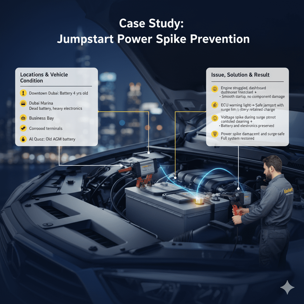 Infographic showing a case study of jumpstart power spike prevention in Dubai, with locations, vehicle conditions, issues, solutions, and results, highlighting safe battery management.
