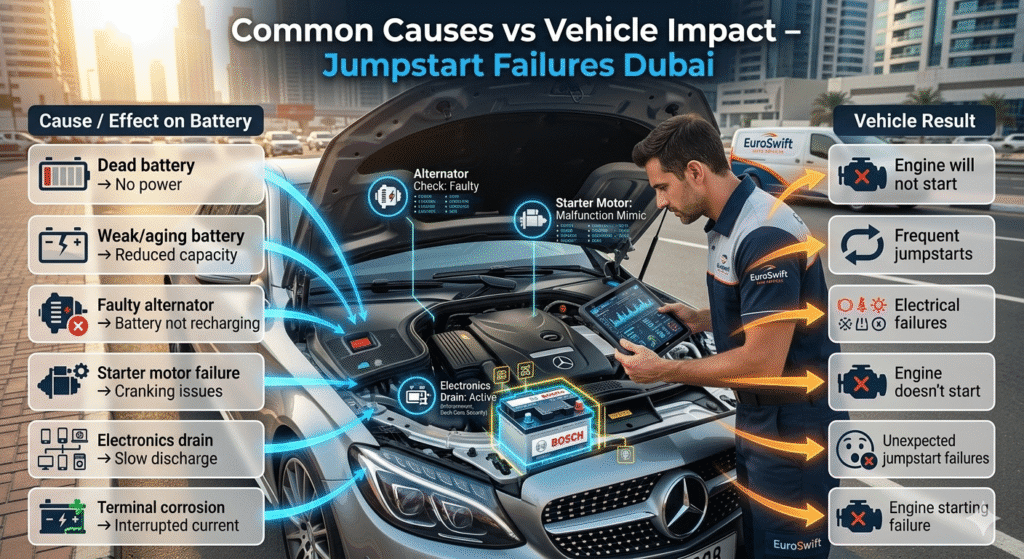 Infographic showing common causes of jumpstart failure in modern Dubai cars, linking battery issues, alternator, starter, electronics drain, and terminal corrosion to vehicle starting problems.
