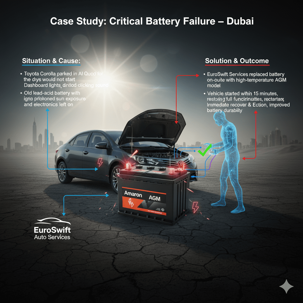 Infographic showing a case study of critical battery failure in Dubai, featuring a Toyota Corolla, on-site high-temperature AGM battery replacement, and side bullet points summarizing situation, cause, solution, and outcome.