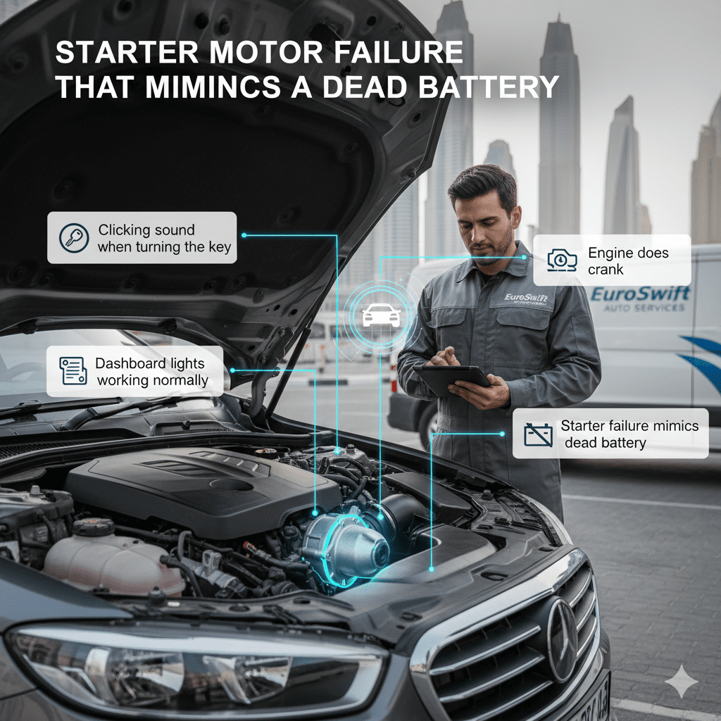 Starter motor failure causing engine not to crank with clicking sound while dashboard lights remain on.