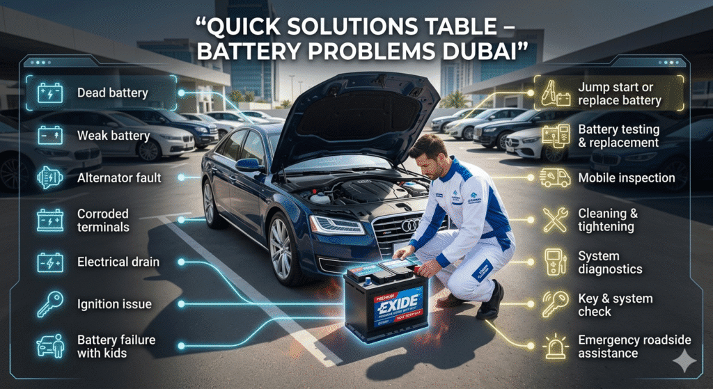 Quick solutions table for car battery problems in Dubai with issues and immediate fixes