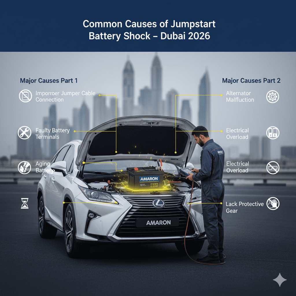 Infographic showing common causes of jumpstart battery shock in Dubai, with a technician inspecting a car battery and key causes displayed on left and right sides.