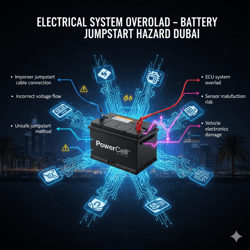 Electrical system overload during car battery jumpstart in Dubai affecting ECU and vehicle electronic modules.
